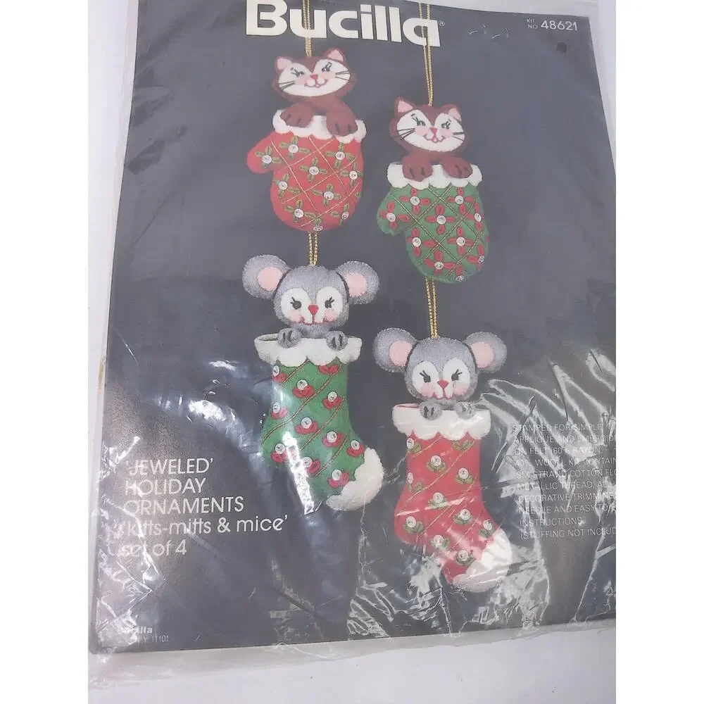 Vintage Bucilla Jeweled Holiday Ornaments Kitts Mitts And Mice Set of 4 No 48621
